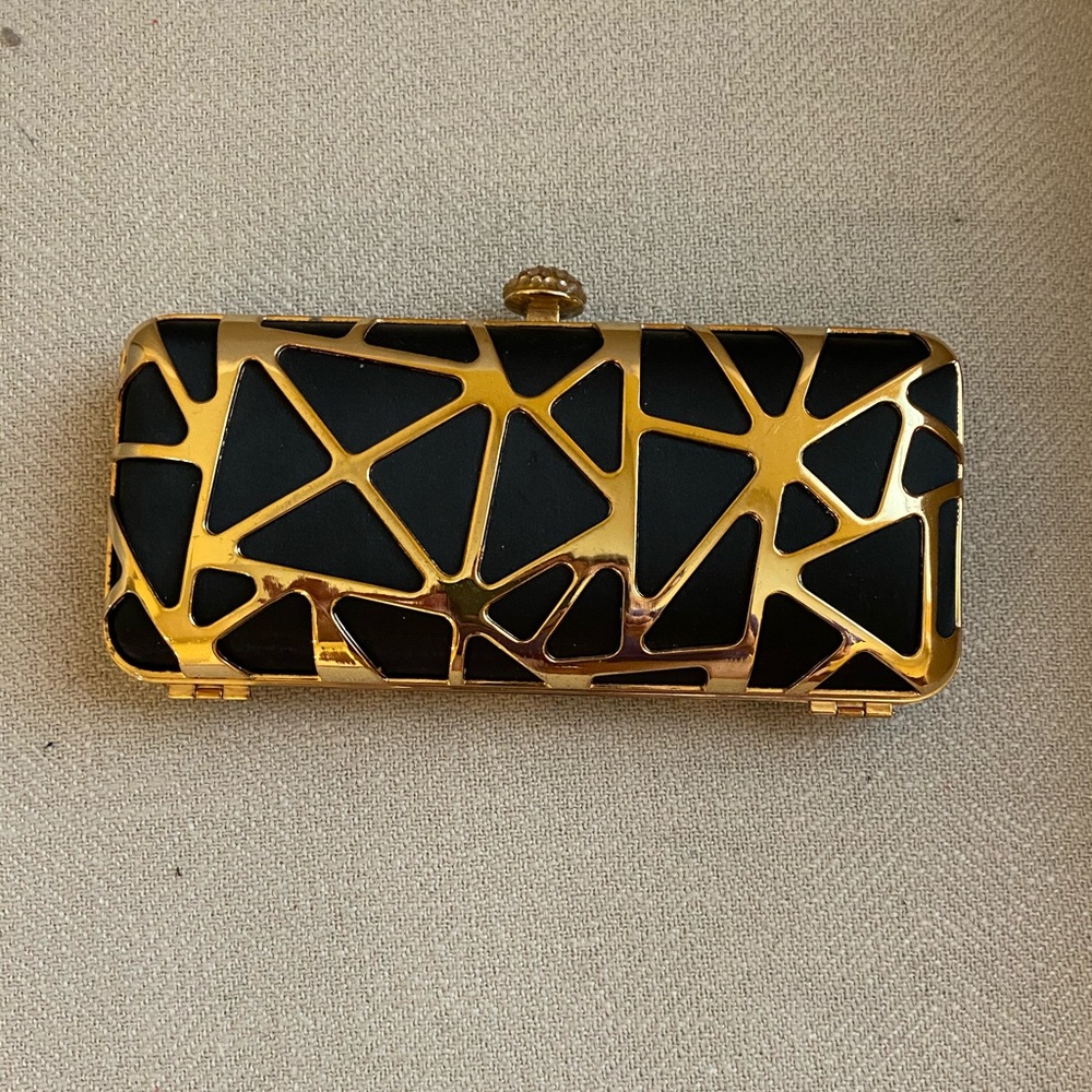 NWT Black and Gold Hard Case Clutch
